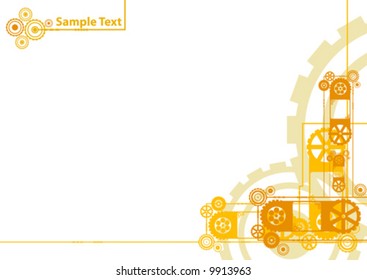 Vector illustration of a modern industrial clockwork pattern background in yellow and orange with sample logo in the corner.