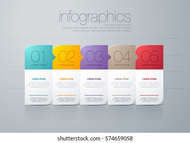 Vector illustration modern infographic design template concept of arrow business model with five successive steps. 5 colorful elements, pictograms, pointers and text boxes.