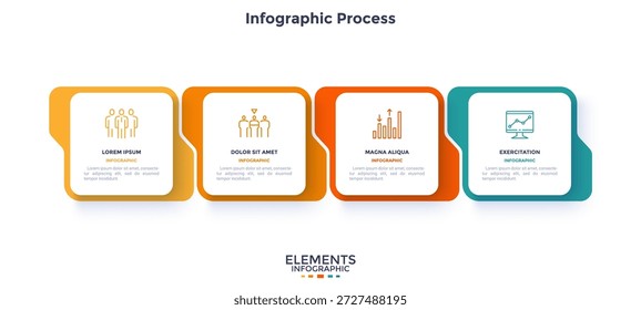 Ilustração vetorial. Infográfico moderno com quatro retângulos modernos para passos com texto e ícones. Modelo de processo de negócios no plano de fundo branco para apresentação.