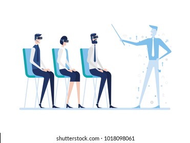 vector illustration. modern innovative business technologies. corporate meetings with use glasses of veritable and additional reality. communication in art reality galagram. unusual technology.