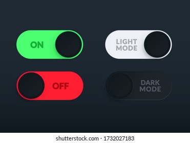 Vector Illustration Modern Interface Switch Set With On, Off, Light Mode And Dark Mode.