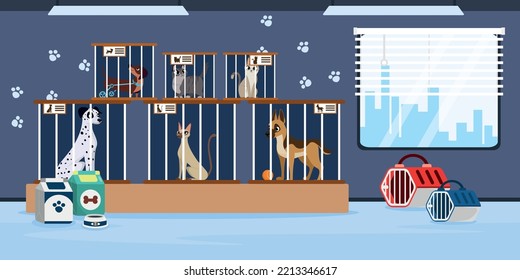Vector illustration of modern interior animal shelter. Cartoon interior with dogs and cats in cages, food, portable cages, window with access to the city.