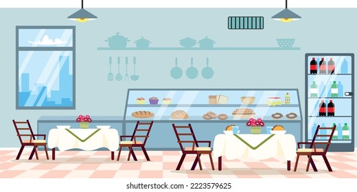 Ilustración vectorial de la moderna panadería interior cafetería. Interior de caricatura con mostradores con pan, panecillos, muffins, donuts, sándwiches y otros platos, nevera con agua, mesas y sillas.