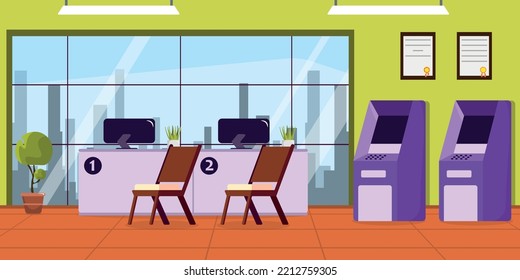 Vector illustration of modern interior bank. Cartoon interior with reception, computer, ATMs, window with access to the city.