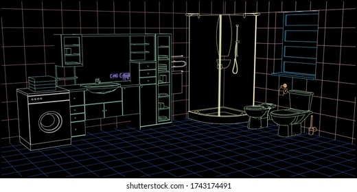 Ilustración vectorial. Moderno interior del cuarto de baño con ducha, bidé, WC, lavadora, lavabo y armario de lino. representación 3D