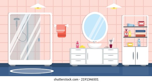Vector illustration of a modern interior bathroom. Cartoon interior with shower, washbasin, heated towel rail, bedside tables, cabinet, mirror, personal items.