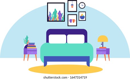 Dibujo vectorial del moderno interior de la habitación. Diseño de una acogedora habitación con cama, mesa, planta, cuadros, libros y accesorios decorativos.