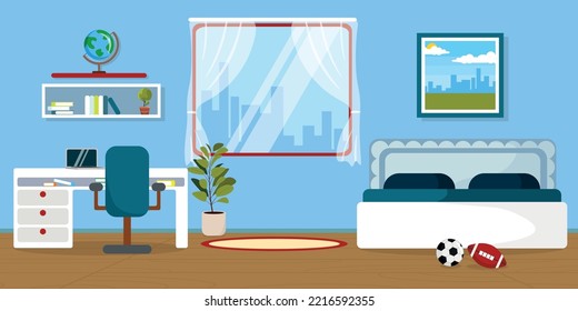 Vector illustration of a modern interior boys room. Cartoon interior with table, shelf, books, laptop, flowerpots, globe, bed, soccer balls, picture, window with access to the city.