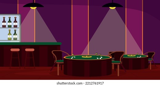 Vector illustration of modern interior casino. Cartoon interior with bar counter, alcohol, roulette tables, chips and cards.
