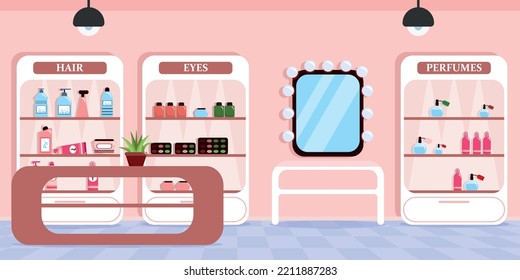 Vector illustration of modern interior cosmetics store. Cartoon interior with racks with various cosmetics, table, mirror.