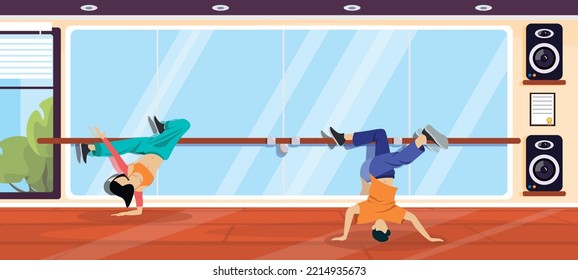 Ilustración vectorial de las escuelas modernas de danza interior. Interior de dibujos animados con bailarinas practicantes, espejo, altavoces grandes, certificado, ventana con acceso a la ciudad.