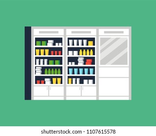 Vector illustration of modern interior design pharmacy or drugstore. Showcase and shelves with medicines, pills and capsules