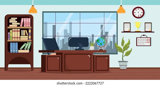 Vektorgrafik des Büros des modernen Innenministeriums. Cartoon Interieur mit Tisch, Computer, Blumenkohl, Globus, Kalender, Regal mit Auszeichnungen und Tassen, Bücherregal, Uhr.