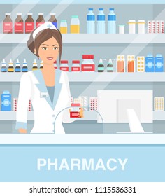 Vector illustration of modern interior drugstore with pretty female pharmacist. Beautiful woman pharmacy, pills capsules bottles with vitamins and tablets on the shelfs. Medical concept in flat