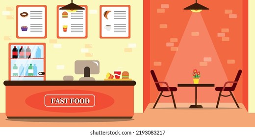 Ilustración vectorial de la moderna cafetería de comida rápida interior. Caricatura interior con barra de bar, ordenador, frigorífico con agua, mesa, sillas, menú con croissants, muffins, donuts, café, patatas fritas.