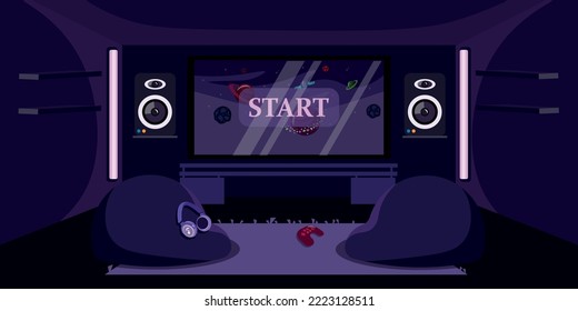 Vector illustration of modern interior game club. Cartoon interior with big screen, speakers, game console, headphones, chair bag.