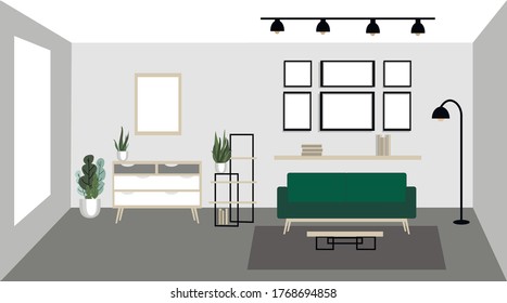 Ilustración vectorial de un moderno sofá interior verde en la casa. Marcos vacíos en la pared para carteles. Estilo de vida, tarea.