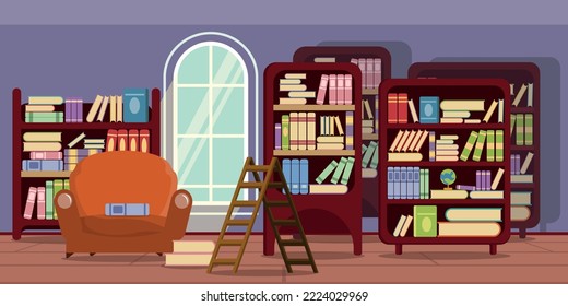 Vector illustration of modern interior home library. Cartoon interior with shelves of ancient books, stairs, armchair.