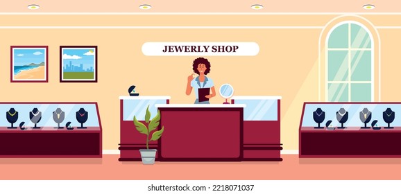 Vector illustration of a modern interior jewelry store. Cartoon interior with racks with rings and necklaces made of precious metals and stones, saleswoman, mirror, paintings.