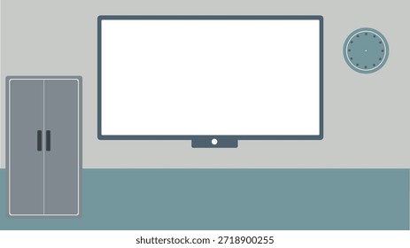 Vector illustration of a modern interior with a large flat screen monitor, a gray cabinet, and a round wall clock, minimalist design concept