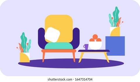 Vector illustration of the modern interior of the living room. Design of a cozy room with a chair, table, plants and decor accessories.