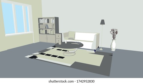 Vector illustration. Modern interior of the living room with a sofa, table, floor lamp and bookcase. 3D rendering