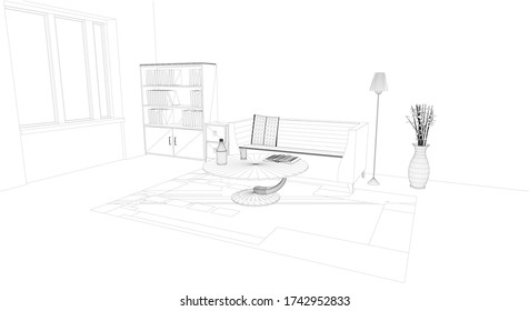 Vector illustration. Modern interior of the living room with a sofa, table, floor lamp and bookcase. 3D rendering