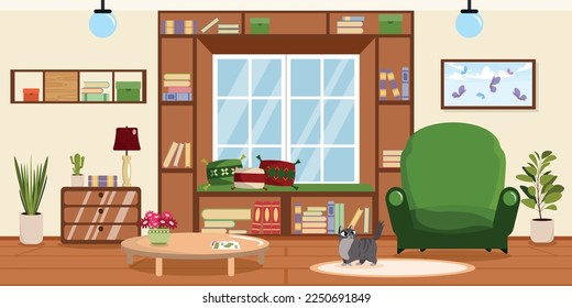 Ilustración vectorial de la sala de estar interior moderna. Interior de dibujos animados con mesa baja, libros, gatos, estantes, mesita de noche, macetas de flores, sillón, cuadro. Biblioteca en casa con estanterías.