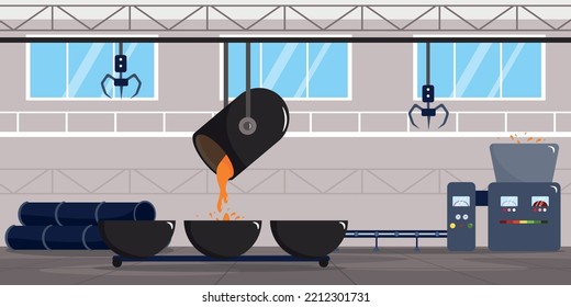 Vector illustration of modern interior metal melting plant. Cartoon interior with conveyor, claws, smelter, container with melted metal that is poured into molds.