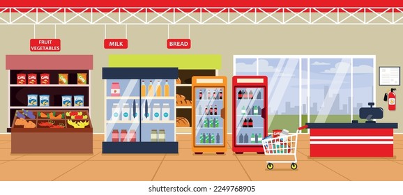 Ilustración vectorial de un supermercado interior moderno. Caricatura interior con estantes con aperitivos, verduras, productos de pan, refrigeradores con agua, jugos, leche, ventana con acceso a la ciudad.