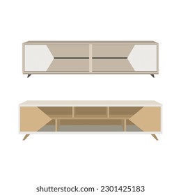 Vector illustration of modern interior tv cabinet design. Minimalist. Shelf tv in modern empty room, minimal design.