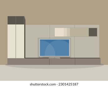 Ilustración vectorial del diseño moderno del armario de tv interior. Minimalista. Tv de estante en moderna habitación vacía, diseño mínimo.