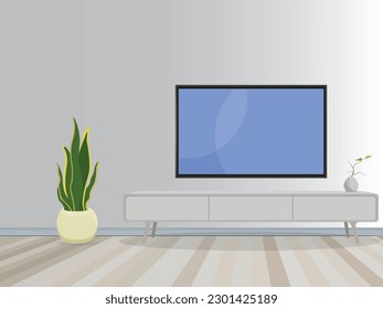 Vector illustration of modern interior tv cabinet design. Minimalist. Shelf tv in modern empty room, minimal design.