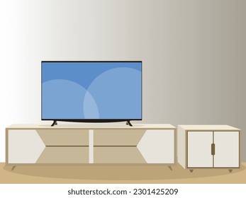 Ilustración vectorial del diseño moderno del armario de tv interior. Minimalista. Tv de estante en moderna habitación vacía, diseño mínimo.