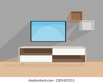 Vector illustration of modern interior tv cabinet design. Minimalist. Shelf tv in modern empty room, minimal design.