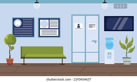 Vector Illustration Of Modern Interior Waiting Room To The Doctor. Cartoon Interior With Bench, Flowerpots, Water, TV, Information Stands.