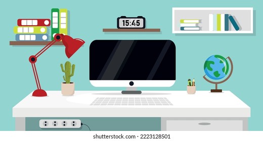 Vector illustration of modern interior workplace. Cartoon interior with computers, cactus, shelf with books and folders, lamp, clock, socket.