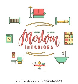 Vector illustration of modern interiors design studio lettering for banner, leaflet, poster, logo, advertisement, price list, web design. Handwritten text for template, signage, billboard, print, flye