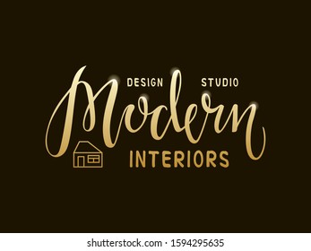 Vector illustration of modern interiors design studio lettering for banner, leaflet, poster, logo, advertisement, price list, web design. Handwritten text for template, signage, billboard, print, flye