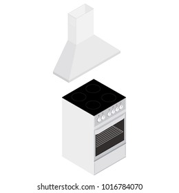 Vector illustration modern isometric electric or gas stove and extractor kitchen hood. House appliance. Kithcen appliance