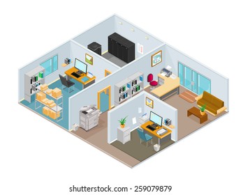 A Vector Illustration Of A Modern Isometric Office Interior. Isometric Office Interior. Isometric Open Plan Office.