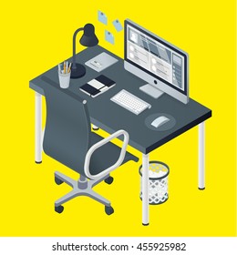 A vector illustration of a modern isometric office interior. 
Table, chair, water cooler and computer.