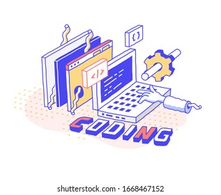 Vector  illustration in modern isometric style. Curved lines, cartoon design. Programmer's laptop, coding, website creation workflow