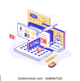 Vector illustration in modern isometric style. Curved lines, cartoon design. Programmer's laptop, website creation workflow