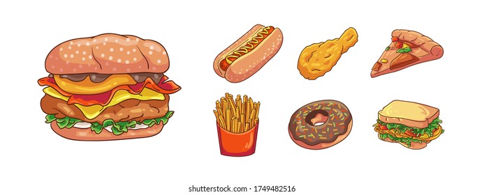 Vector Illustration modern junk food hand drawn cartoon coloring style