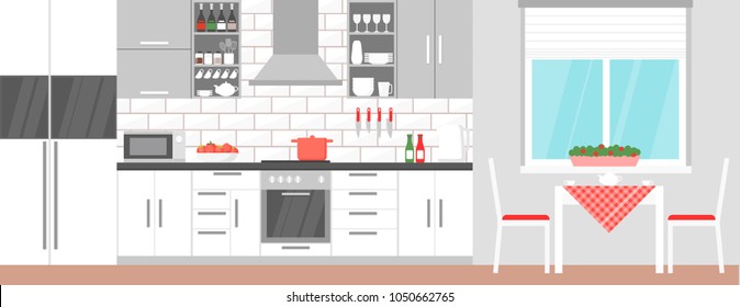 Vector illustration of modern kitchen interior with dining table and stuff for cooking food, stove, cupboard, dishes and fridge in flat style.