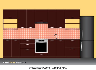 Vector illustration of modern kitchen interior in linear flat style. Kitchen interior with furniture and devices in classic color style.