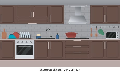 Vector illustration of modern kitchen interior design with various utensils and appliances like wooden cabinets, drawers, microwave oven and cooking tools.
