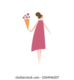 Vector illustration of modern lady holding flowers. Silhouette of fashion girl character dressed in stylish clothing. Cartoon flat vector design for logo, print, card, flyer, fabric, poster. 