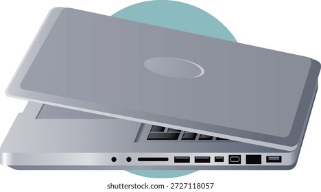 Ilustração vetorial de um notebook moderno com um design elegante em forma de concha com tela, teclado e touch pad integrados. Ideal para representar conceitos de tecnologia, trabalho digital, educação, aprendizagem remota e computação profissional.